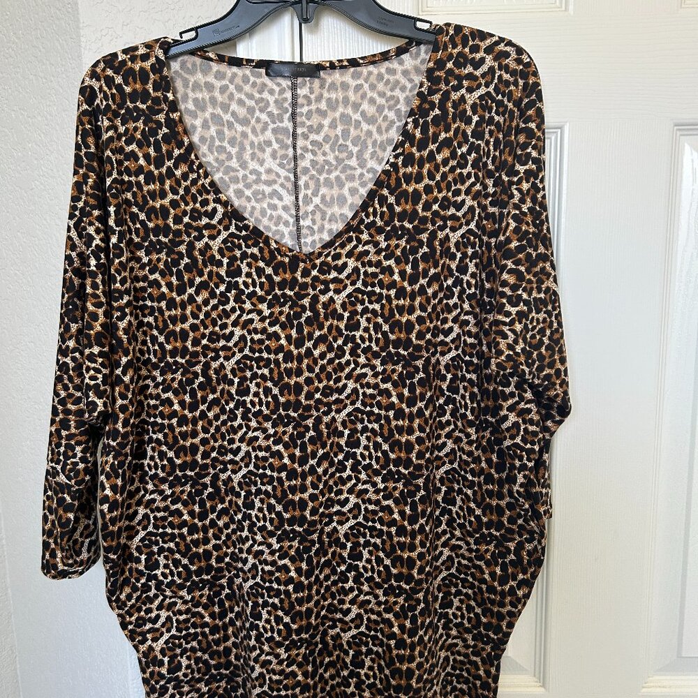 Leopard Print V Neck Blouse with 3/4 Sleeves - Large